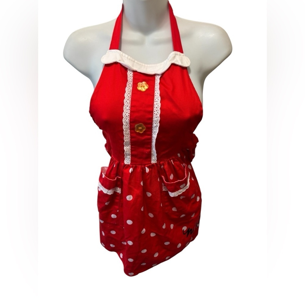 Disney Minnie Mouse Red Collared Girly Feminine Apron Pockets Crochet Lace OS